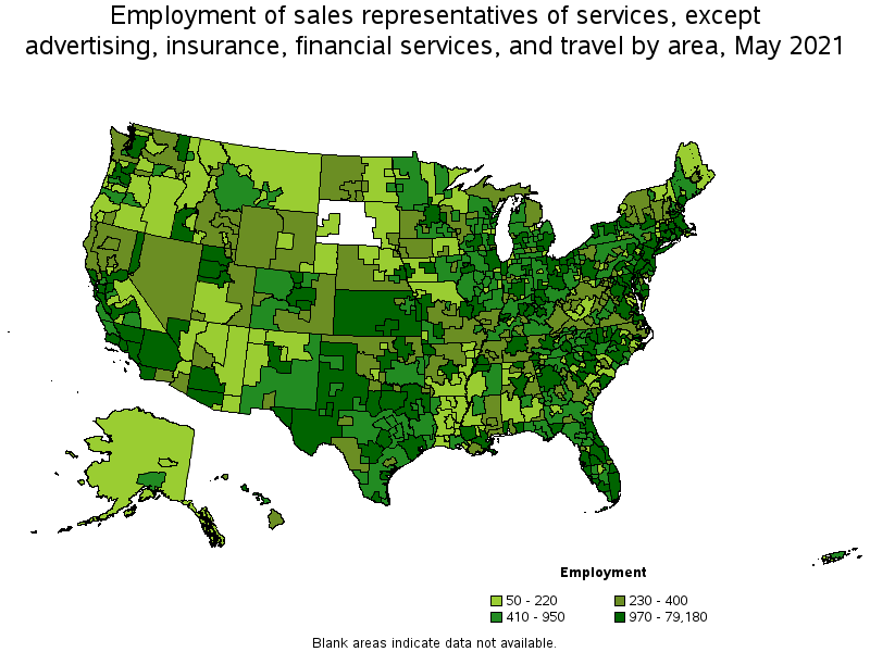 Map of employment of sales representatives of services, except advertising, insurance, financial services, and travel by area, May 2021