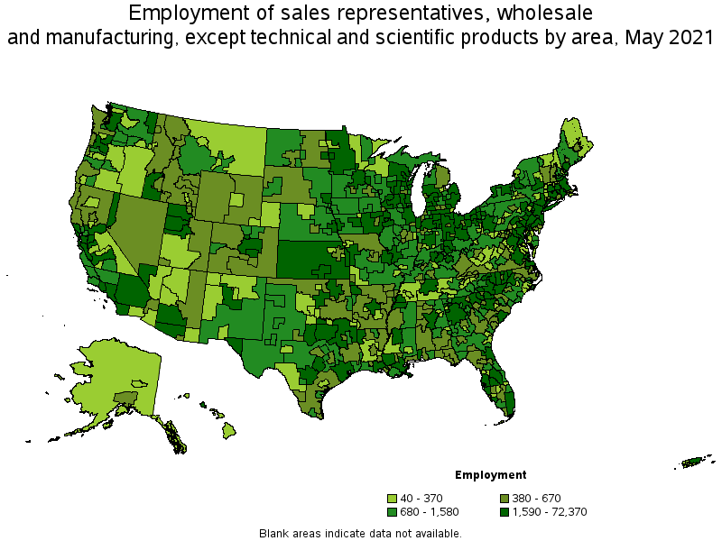 Map of employment of sales representatives, wholesale and manufacturing, except technical and scientific products by area, May 2021