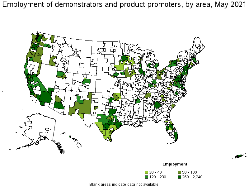 Map of employment of demonstrators and product promoters by area, May 2021