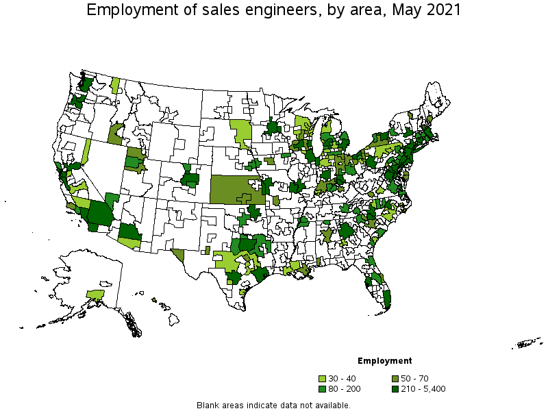 Map of employment of sales engineers by area, May 2021
