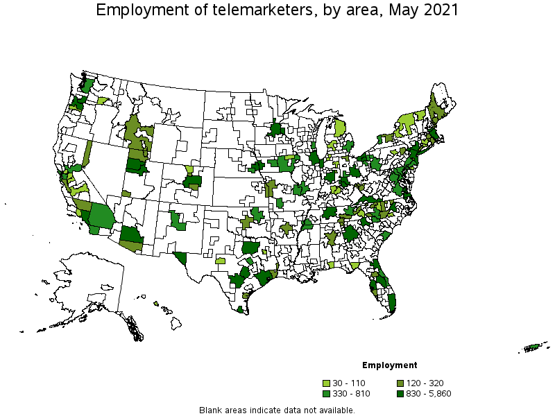 Map of employment of telemarketers by area, May 2021