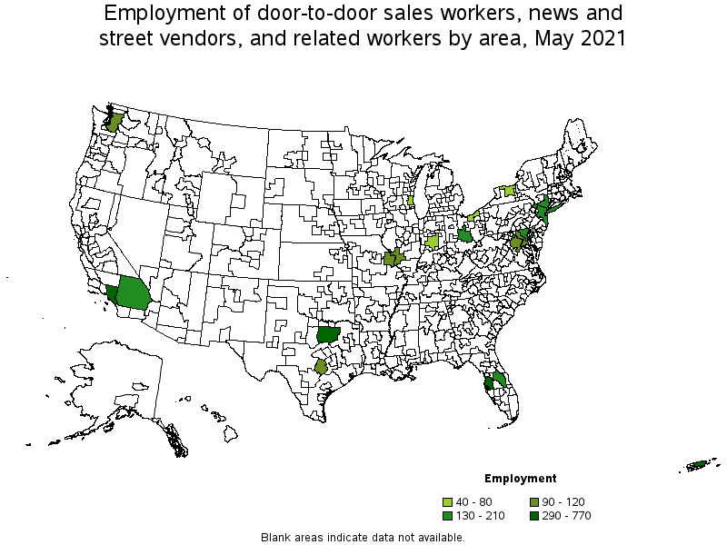 Map of employment of door-to-door sales workers, news and street vendors, and related workers by area, May 2021