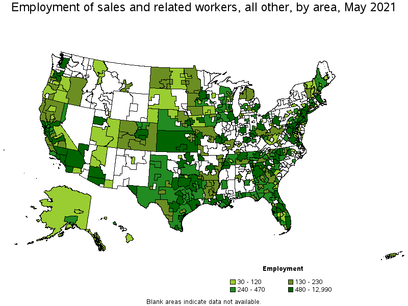 Map of employment of sales and related workers, all other by area, May 2021