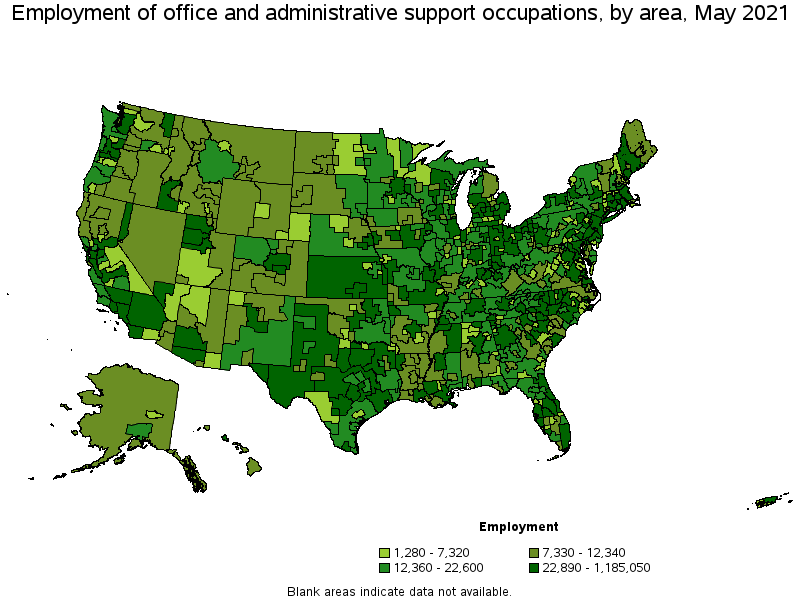 Map of employment of office and administrative support occupations by area, May 2021