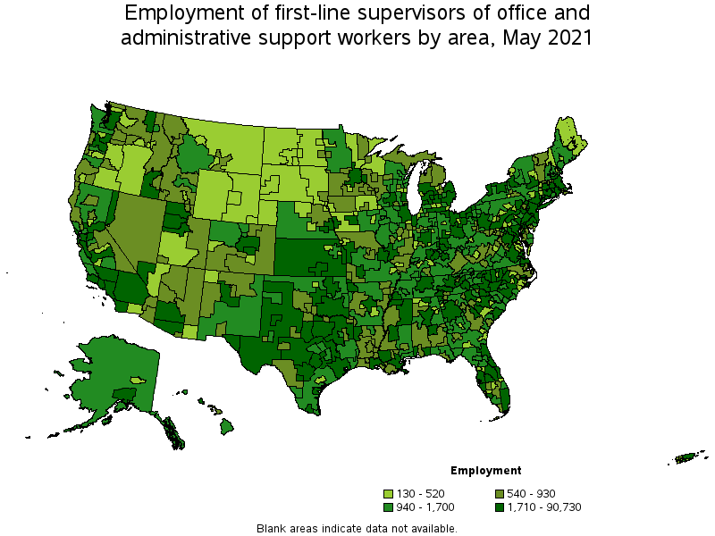 Map of employment of first-line supervisors of office and administrative support workers by area, May 2021