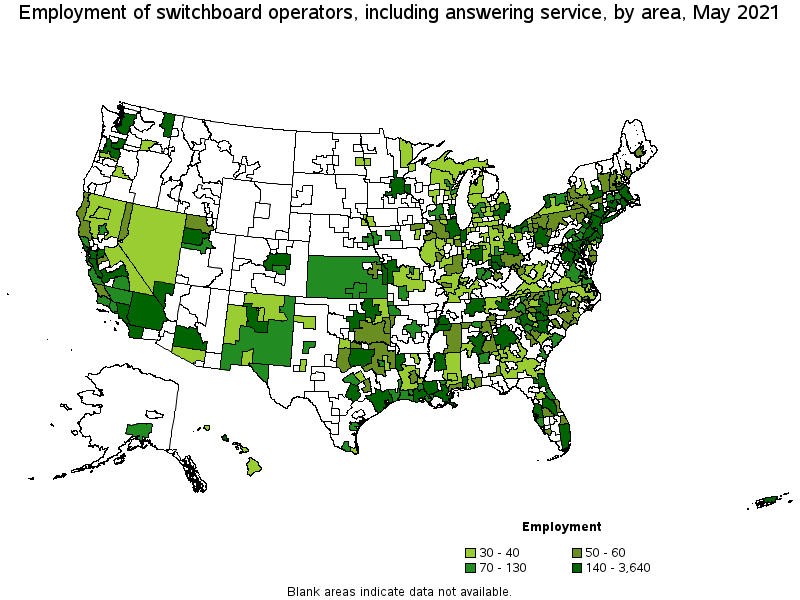 Map of employment of switchboard operators, including answering service by area, May 2021