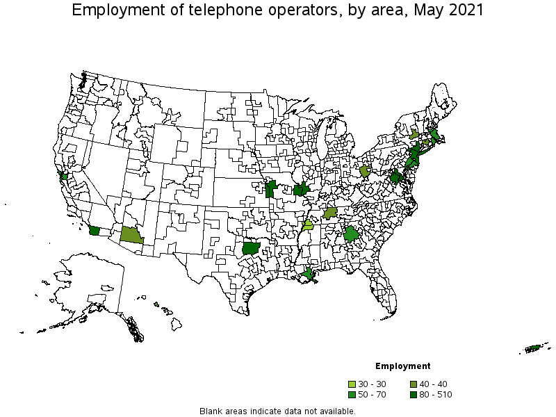 Map of employment of telephone operators by area, May 2021