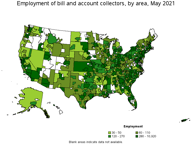 Map of employment of bill and account collectors by area, May 2021