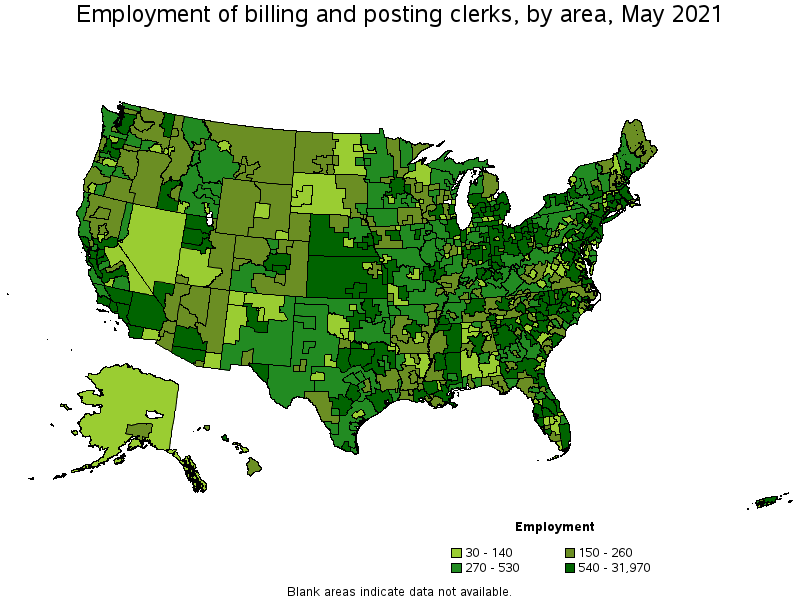 Map of employment of billing and posting clerks by area, May 2021
