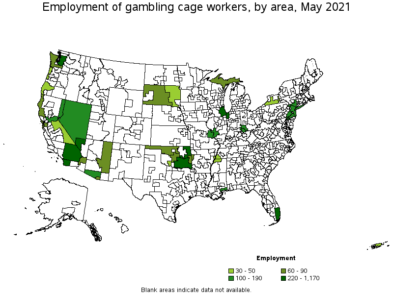 Map of employment of gambling cage workers by area, May 2021