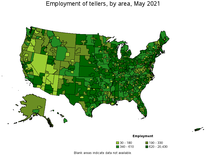 Map of employment of tellers by area, May 2021