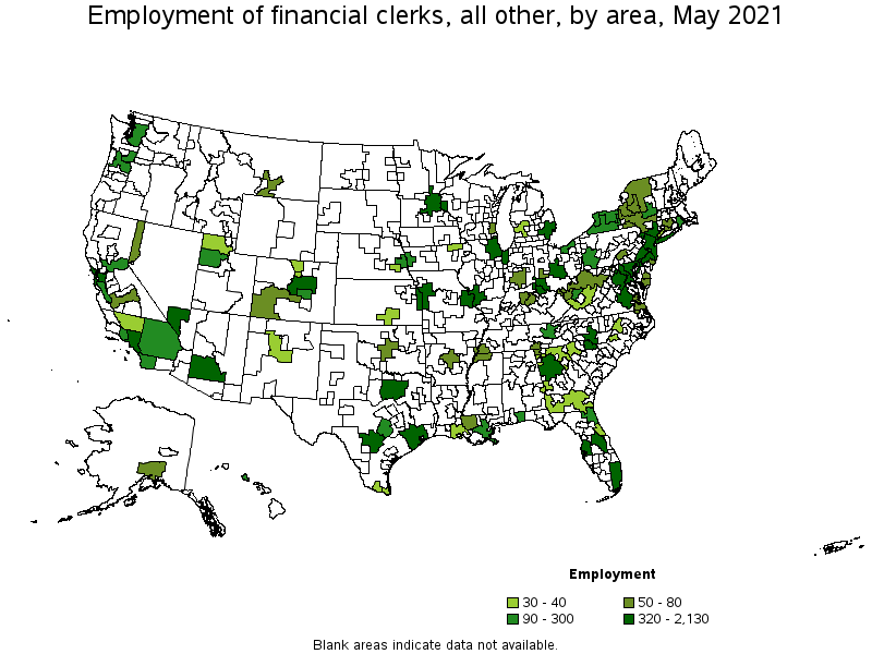 Map of employment of financial clerks, all other by area, May 2021