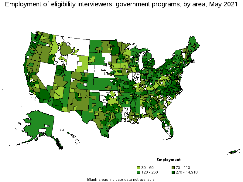 Map of employment of eligibility interviewers, government programs by area, May 2021