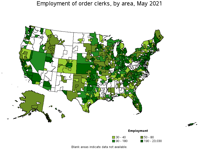 Map of employment of order clerks by area, May 2021