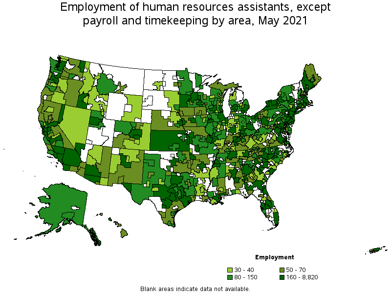 Map of employment of human resources assistants, except payroll and timekeeping by area, May 2021