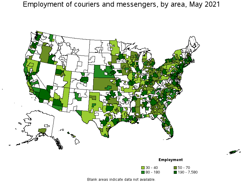 Map of employment of couriers and messengers by area, May 2021