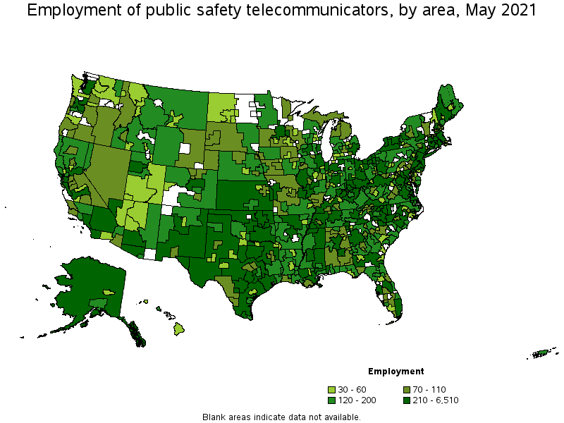 Map of employment of public safety telecommunicators by area, May 2021