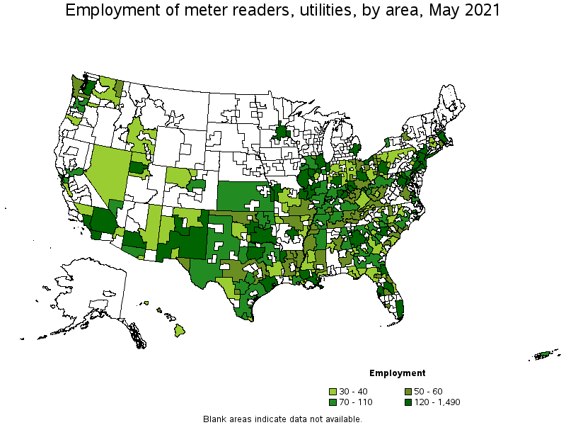 Map of employment of meter readers, utilities by area, May 2021