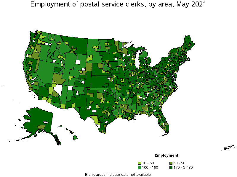 Map of employment of postal service clerks by area, May 2021