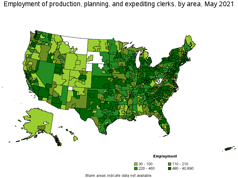 Map of employment of production, planning, and expediting clerks by area, May 2021