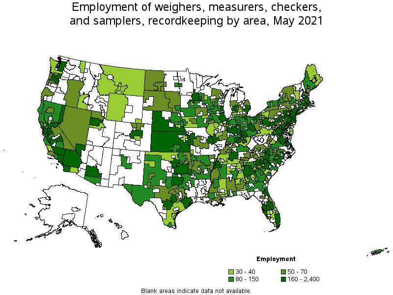 Map of employment of weighers, measurers, checkers, and samplers, recordkeeping by area, May 2021