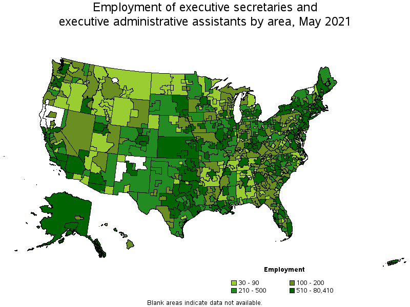 Map of employment of executive secretaries and executive administrative assistants by area, May 2021