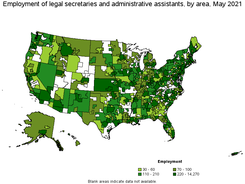 Map of employment of legal secretaries and administrative assistants by area, May 2021