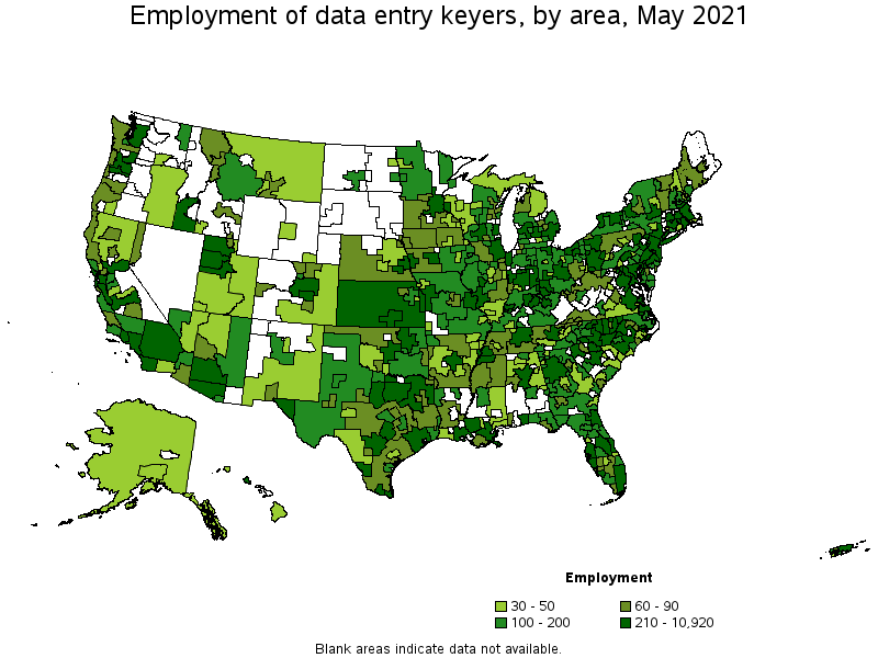Map of employment of data entry keyers by area, May 2021