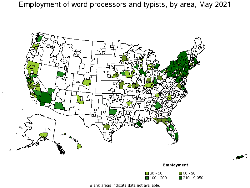 Map of employment of word processors and typists by area, May 2021