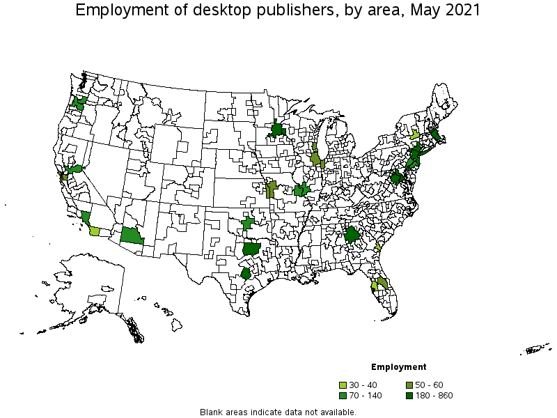 Map of employment of desktop publishers by area, May 2021