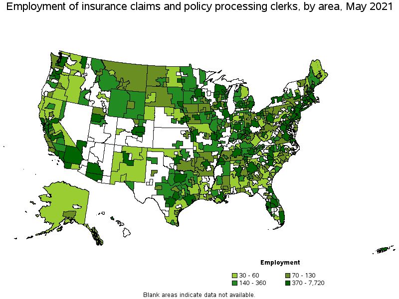 Map of employment of insurance claims and policy processing clerks by area, May 2021