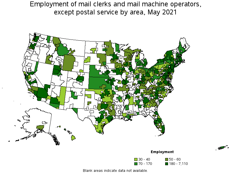 Map of employment of mail clerks and mail machine operators, except postal service by area, May 2021