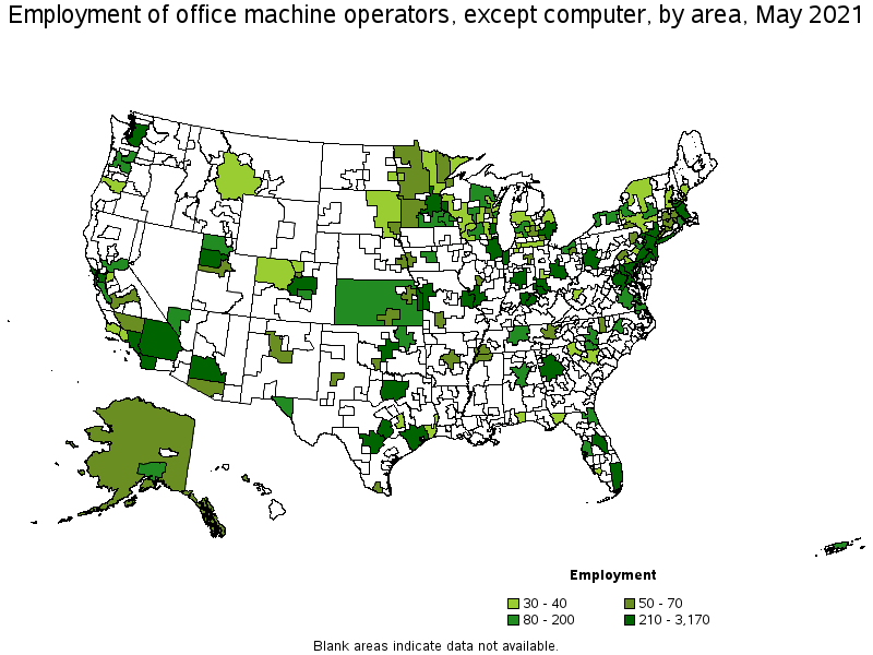 Map of employment of office machine operators, except computer by area, May 2021