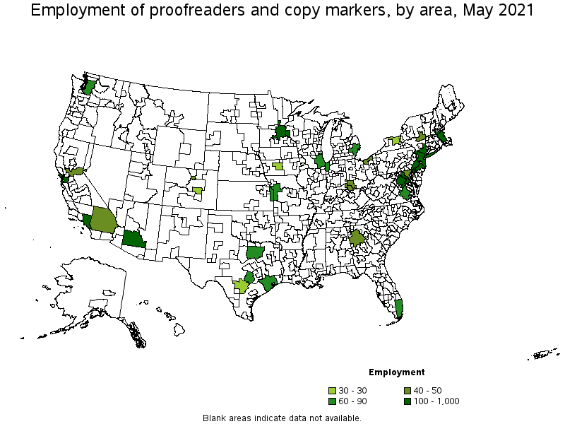 Map of employment of proofreaders and copy markers by area, May 2021