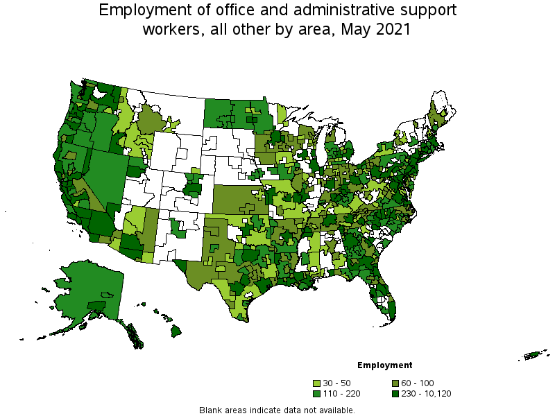 Map of employment of office and administrative support workers, all other by area, May 2021