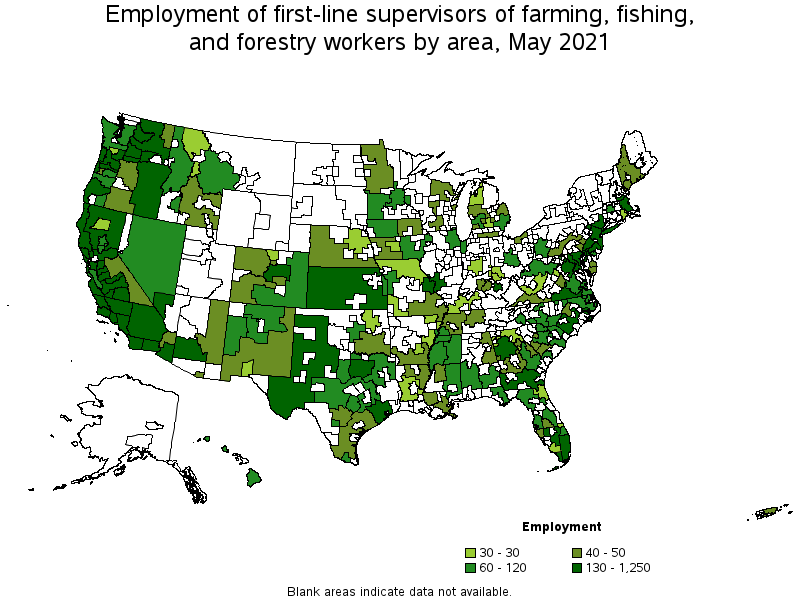 Map of employment of first-line supervisors of farming, fishing, and forestry workers by area, May 2021