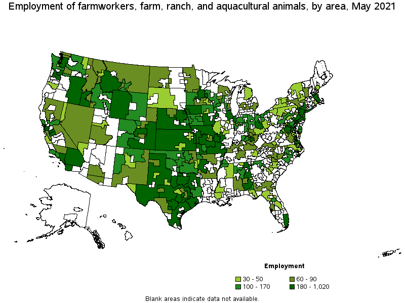 Map of employment of farmworkers, farm, ranch, and aquacultural animals by area, May 2021