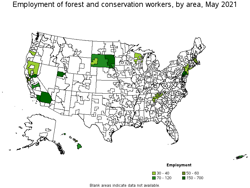 Map of employment of forest and conservation workers by area, May 2021