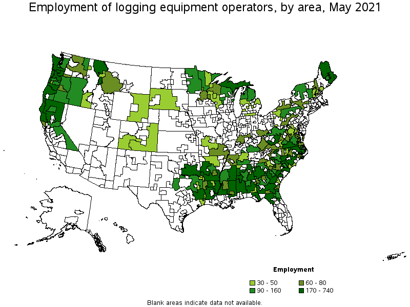 Map of employment of logging equipment operators by area, May 2021