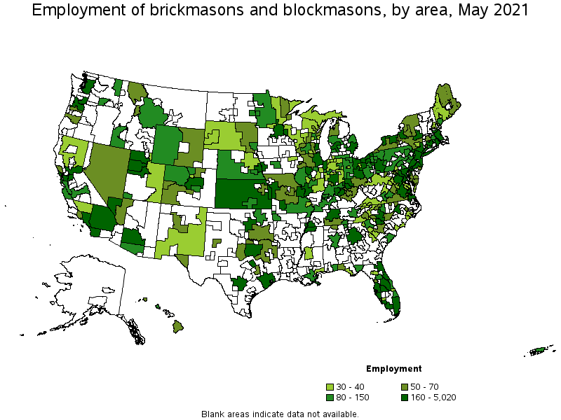 Map of employment of brickmasons and blockmasons by area, May 2021