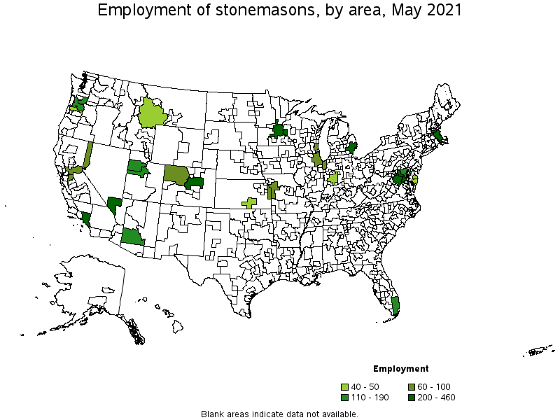 Map of employment of stonemasons by area, May 2021