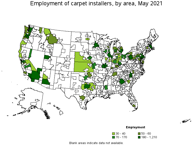 Map of employment of carpet installers by area, May 2021