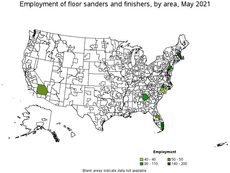Map of employment of floor sanders and finishers by area, May 2021