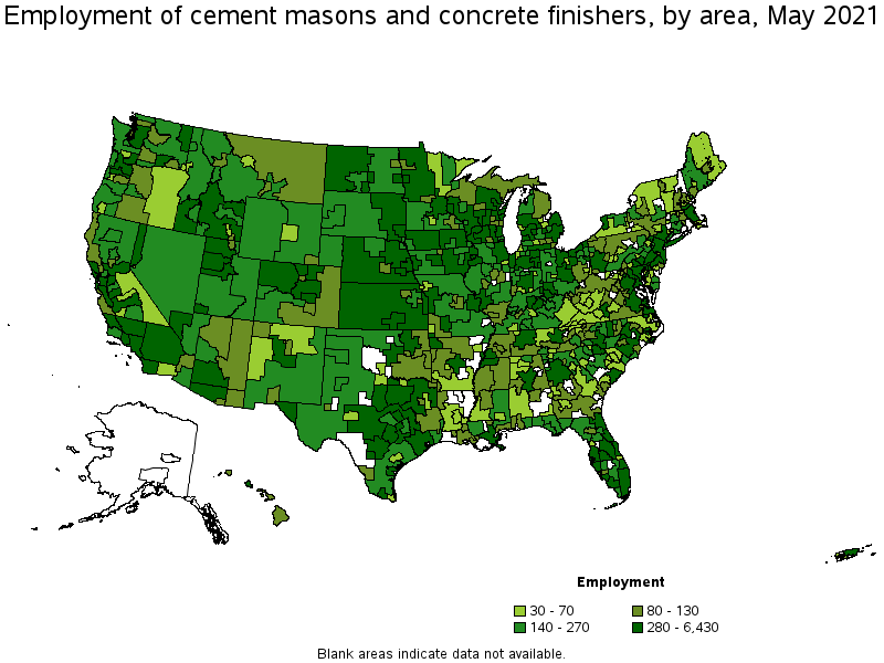 Map of employment of cement masons and concrete finishers by area, May 2021