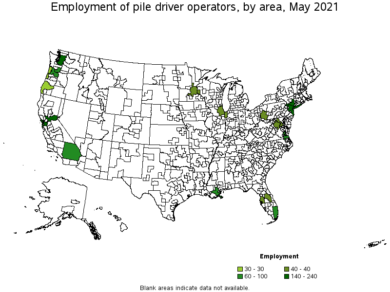 Map of employment of pile driver operators by area, May 2021
