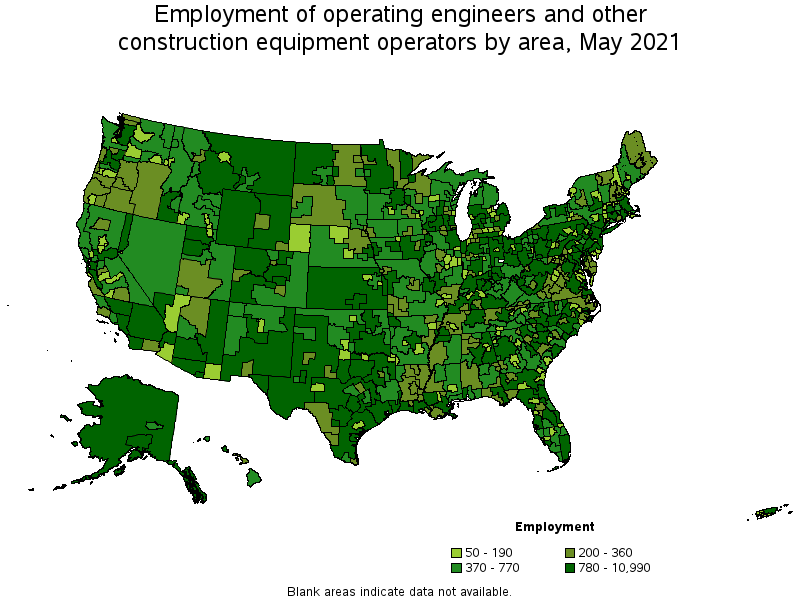 Map of employment of operating engineers and other construction equipment operators by area, May 2021
