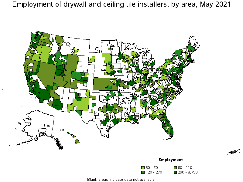 Map of employment of drywall and ceiling tile installers by area, May 2021