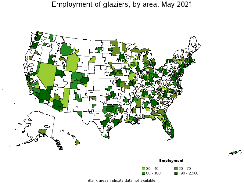 Map of employment of glaziers by area, May 2021