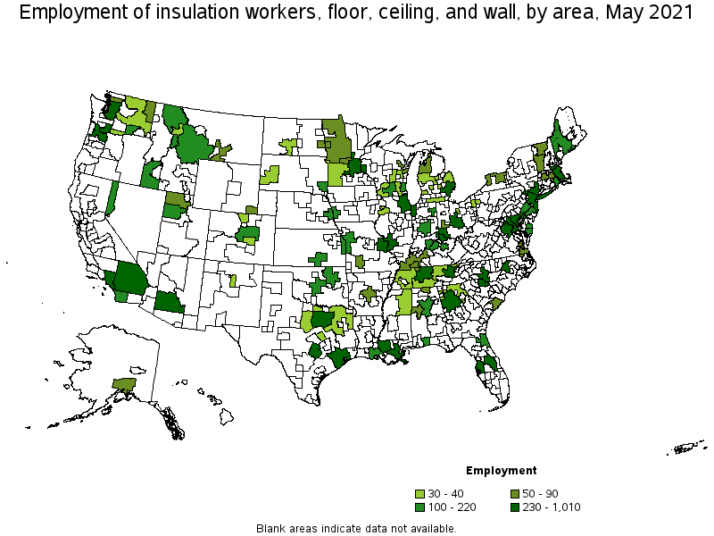 Map of employment of insulation workers, floor, ceiling, and wall by area, May 2021