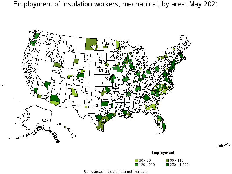 Map of employment of insulation workers, mechanical by area, May 2021